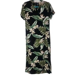Vtg Hilo Hattie Hawaiian Maxi Dress S Black White Floral Mandarin Collar‎ Rayon